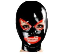 MXRYSQY Lattice Testa Coperchio con Rifiniture Rosso Nero Maschera Facciale In Gomma Apri Occhi Bocca con Cerniera Posteriore(Size:S-63CM)