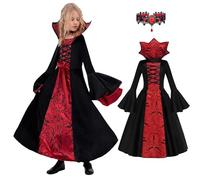 MxsFrundel 5 Pezzi Vestito Halloween Vampira (BambinaDisponibile 3 Misure,Altezza 110-145cm Vampiro Gotico Deluxe,Indispensabile per Halloween (Taglia L: Altezza 130-145 cm, Età 10-12)