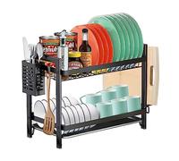 MXTIMWAN Colapiatti 2 Ripiani, Scolapiatti da Appoggio per Lavello Cucina, Scolapiatti di Grande Capacità in Acciaio Inossidabile, Scolapiatti a 2 Ripiani con Supporto per Tagliere, Nero