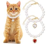 Mxxipp 2 collari con perle a forma di gatto con ciondolo a forma di cuore, graziose collane di perle per animali domestici, misura piccola, regolabile, per feste di nozze e cani di piccola taglia