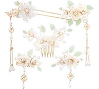 Mxxipp Forcine per capelli cinesi vintage con nappe e fiori di camelia, accessori per capelli con perle, per capelli sottili, spessi, lunghi, corti, bianchi, 5 pezzi