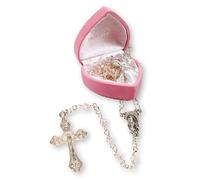 My 1st Rosary Childs Girl Rosario in vetro rosa con piccole perline in scatola favolosa rosa in velluto a forma di cuore per neonato, regalo per battesimo o comunione