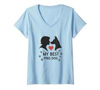 My Best Ping Dog: Animale commovente Amore Silhouette Art Maglietta con Collo a V, Donna, Celeste, L