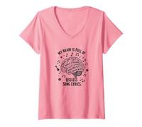 My Brain Is Full of Useless Testo Canzone Music Lover Tee Maglietta con Collo a V, Donna, Rosa, L