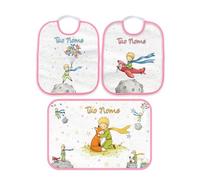 My Cust Set Bavaglino Asilo personalizzabile con nome Piccolo principe Favole Spugna qualita' certificata (Set 2 Bavette Bavaglino Asilo + Asciugamano con asola Bordo Rosa)
