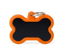 My Family Medaglietta identificativa personalizzata per cani Made in Italy - Osso XL nero e arancione - Medaglietta per cani con incisione gratuita - Alluminio e gomma - Collezione Hushtag