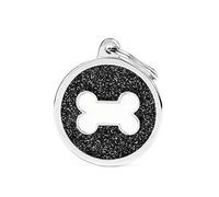 My Family Medaglietta per Cane Personalizzata, A Forma di Cerchio Glitter Grande, Nero Osso Bianco, Targhetta Cane con Incisione Gratis, Metallo, Collezione Shine