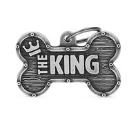 My Family Medaglietta per Cane Personalizzata, A Forma di Osso XL "The King", Targhetta Cane con Incisione Gratis, Argento Antico, Collezione Bronx