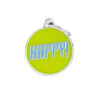 My Family Medaglietta per Cane Personalizzata Made in Italy. Cerchio Grande "Happy!". Targhetta Cane con Incisione Gratis. Smaltata a Mano in Metallo. Collezione Charms