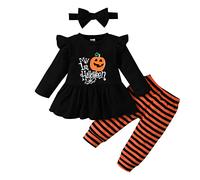 My First Halloween - Set di vestiti per Halloween, 3 pezzi, da bambina, maglia a maniche lunghe, fascia e pantaloni lunghi a tema zucca, Nero , 70 (0-3 Monate)