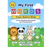 “My First” sits above five colorful letter tiles that spell WORDS, each with a dotted stitch like a tracing letter.: A yellow ribbon reads “Trace, ... Reading Workbook for Preschoolers” below it.