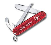 MY FIRST VICTORINOX Coltello tascabile svizzero per bambini, personalizzato, con 9 funzioni, incisione del nome personalizzata, regalo per compleanno per bambini (rosso trasparente)