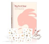 My First Year Baby Memory Book - Diario A4 e album dei ricordi con disegno di coniglio dolce, include 46 adesivi, regalo premuroso per nascita, battesimo e baby shower