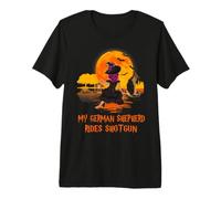 My German Shepherd Rides Shotgun Dog And Witch Halloween Maglietta Premium