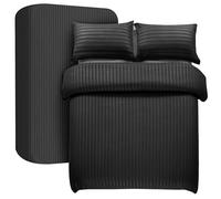 My home store Set copripiumino super king size, 4 pezzi, copripiumino a righe satinate, in morbida microfibra spazzolata, con lenzuolo con angoli profondi 30 cm e 2 federe (nero)