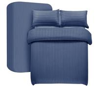 My home store - Set copripiumino super king size a righe satinate, 4 pezzi, in morbida microfibra spazzolata, con lenzuolo con angoli profondi 30 cm e 2 federe, colore: blu navy