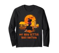 My Irish Setter Rides Shotgun Dog And Witch Funny Halloween Maglia a Manica