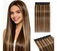 MY-LADY Extension Capelli Veri Clip 1 Pezzo, 50cm Extension Clip Capelli Umani Lisci per Volume 3/4 Testa con 5 Clip, Clip In Human Hair Extension #4P27 Biondo Scuro/Marrone Medio 50g