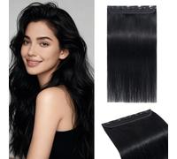 MY-LADY Extension Capelli Veri Clip 1 Pezzo, 55cm Extension Clip Capelli Umani Lisci per Volume 3/4 Testa con 5 Clip, Clip In Human Hair Extension #01 Nero 55g