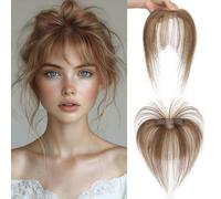 MY-LADY Fringe Clip Real Hair 100% Human Hair con 2 clip, Natural Bangs Extension Front Fringe Hairpiece French Air Bangs for Women(Biondo Scuro/Marrone Medio)