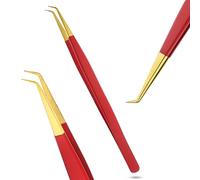 My Lash Tools - Pinzette curve per extension per ciglia, 14 cm, ideali per isolamento individuale e ciglia classiche in acciaio inossidabile giapponese (punta rossa e oro opaco)