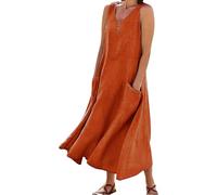 My Order - Maxi abito da donna in cotone e lino, casual, senza maniche, con tasche, estivo, da spiaggia, prendisole lungo da donna, taglia 40-54, Arancione, 3XL