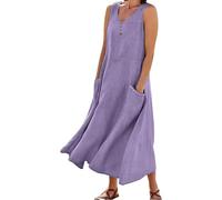 My Order - Maxi abito da donna in cotone e lino, casual, senza maniche, con tasche, estivo, da spiaggia, prendisole lungo da donna, taglia 40-54, Viola, 3XL