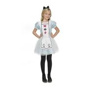 My Other Me - Costume Alicia ragazza, taglia 7-9 anni. Include abito bianco a quadri blu, maniche corte, grembiule decorato integrato, mantello in tulle sulla gonna e fascia blu con fiocco nero.