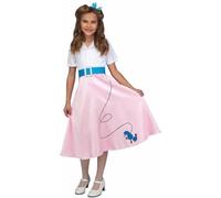 My Other Me - Costume anni '50 bambina, taglia 5-6 anni. Include abito con camicia bianca a maniche corte, gonna rosa con cagnolino stampato, cintura blu satinato e fiocco per capelli. Molto chic.