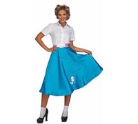 My Other Me - Costume anni '50 donna, taglia M-L. Include camicia bianca a maniche corte con bottoni, gonna in raso blu con barboncino stampato, cintura rosa con fibbia e copricapo.