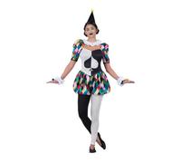 My Other Me - Costume Arlequina donna, taglia XL. Include cappello nero con pompon, colletto a pieghe bianco, tuta con maniche e pantaloncini a sbuffo, polsini, guanti e collant a contrasto.
