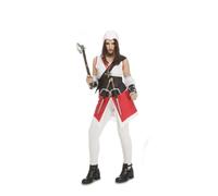 My Other Me - Costume assassino donna, taglia M-L. Include abito con cappuccio bianco e rosso, pantaloni bianchi, cintura e tracolla neri, polsini e bracciali con fibbie argentate.
