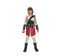 My Other Me - Costume assassino ragazza, taglia 7-9 anni. Include abito con cappuccio bianco e rosso, pantaloni bianchi, cintura e tracolla neri, polsini e bracciali con fibbie argentate.