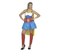 My Other Me - Costume Beer Woman Donna, taglia M-L. Include abito blu con spalline bianche, mantello giallo, cintura rossa con scritta Beer Girl e tasche per lattine, e leggings abbinati.
