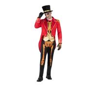 My Other Me - Costume Capo di pista scheletro uomo adulto, taglia XL. Include cappello, giacca rossa, gilet con camicia, guanti, pantaloni con ossa stampate e copristivali. Look circense sinistro.