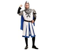 My Other Me - Costume Cavaliere Medievale Uomo, Taglia M-L. Include casacca bianca, spalline argentate, mantello blu, cappuccio metallizzato, gonna bianca con strisce blu, cintura nera e corona.