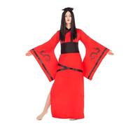 My Other Me - Costume cinese adulto donna, taglia M-L. Include abito rosso con maniche larghe, bordi neri, draghi stilizzati sulle maniche e fascia nera incrociata. Distinguiti con eleganza orientale!
