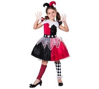 My Other Me - Costume da Arlecchino per bambina in nero e rosso con vestito, collo, copricapo e scaldamuscoli taglia 5-6 anni. Perfetto per essere la stella del carnevale