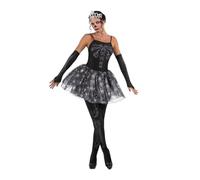 My Other Me - Costume da ballerina scheletro donna, taglia L, include tiara con teschi argentati, tutù con bretelle, guanti e leggings neri con dettagli argentati abbinati.