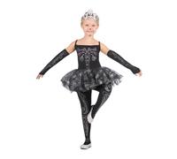 My Other Me - Costume da ballerino scheletro ragazza, taglia 10-12 anni. Include tiara con teschi argentati, vestito con bretelle, guanti e leggings neri con dettagli argentati abbinati.