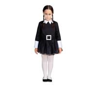 My Other Me - Costume da bambina Sinestra, taglia 10-12 anni. Include abito nero con gonna in tulle, colletto bianco a V, polsini bianchi e cintura simulata con fibbia quadrata bianca.