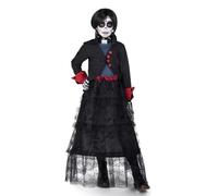 My Other Me - Costume da bambina Zoe nero e rosso con vestito, giacca, guanti, schizzo scheletro, girocollo, parrucca, tattoo, spugna e trucco bianco e nero taglia 7-9 anni.