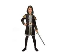 My Other Me - Costume da cavaliere medievale per bambini, taglia 10-12 anni. Include casacca nera con spalline dorate e strisce grigie e argento, cappuccio, polsini e dettagli in rete dorata e cintura