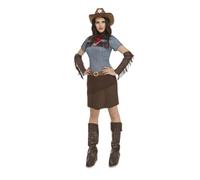 My Other Me - Costume da cowboy donna, taglia M-L. Include camicetta blu denim con frange sulle spalle, gonna marrone, fazzoletto rosso, cintura, braccialetti e leggings. Stile occidentale.