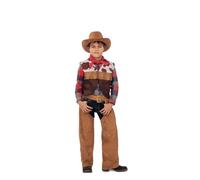 My Other Me - Costume da cowboy per bambini, taglia 5-6 anni. Include fazzoletto rosso, gilet marrone con frange e stampa mucca, e cintura. Piccolo cowboy che cavalca verso l"orizzonte.