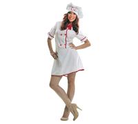 My Other Me - Costume da cucina da donna, taglia S. Include cappello bianco con ricamo chef in rosso, vestito con bottoni e bordi rossi e fazzoletto abbinato. Perfetto per distinguersi in cucina.