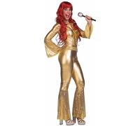 My Other Me - Costume da discoteca donna, taglia M-L. Include tuta dorata brillante con paillettes, maniche lunghe e bassi svasati, e cerniera posteriore. Brilla sulla pista come una diva settanta.