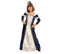 My Other Me - Costume da donna medievale da ragazza, taglia 7-9 anni. Include abito lungo blu con fascia centrale bianca e ricami dorati, maniche lunghe a strati e fascia abbinata a fiore.