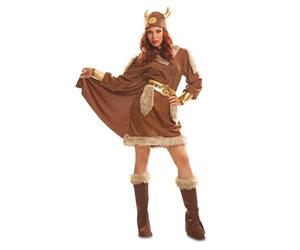 My Other Me - Costume da donna vichinga marrone con abito con mantello, copristivali, cintura e casco taglia S. Sveglia la leggendaria guerriera che indossi dentro