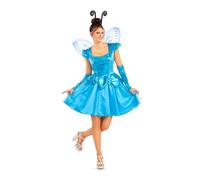 My Other Me - Costume da fata donna, taglia M-L. Include abito blu brillante con scollo a cuore, maniche a sbuffo, gonna a strati e petali in vita, fascia con antenne, ali e braccialetti.